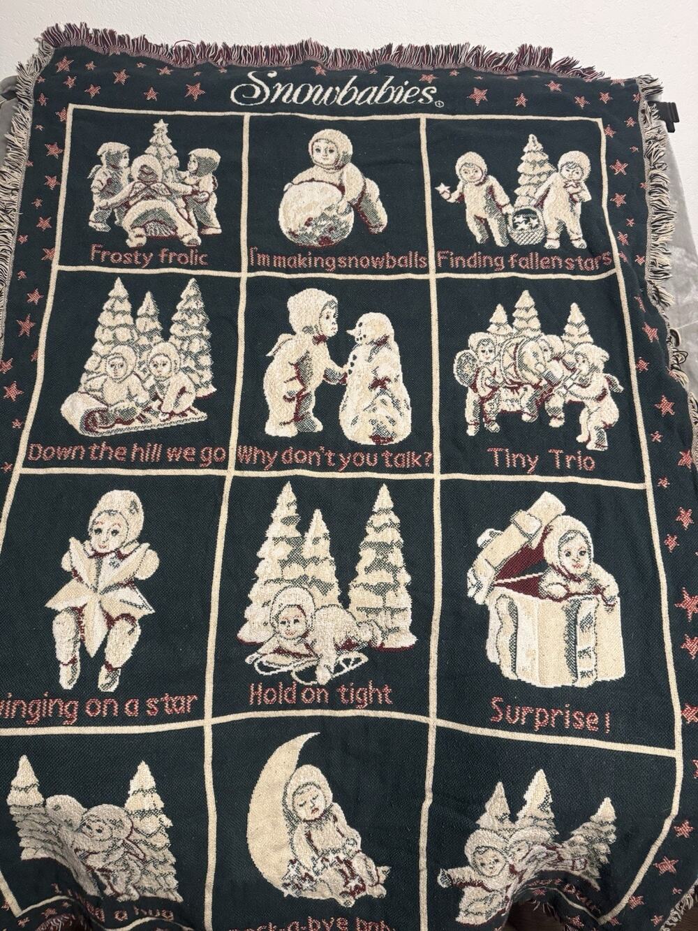 Snowbaby Christmas Holiday Tapestry Afghan Fringe Throw Blanket 63x44 DEPT 56